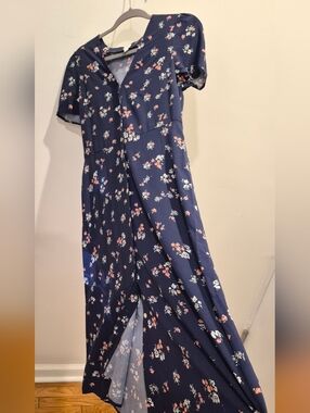 GAP Navy Floral Wrap Maxi Dress with Pink & White Blossoms